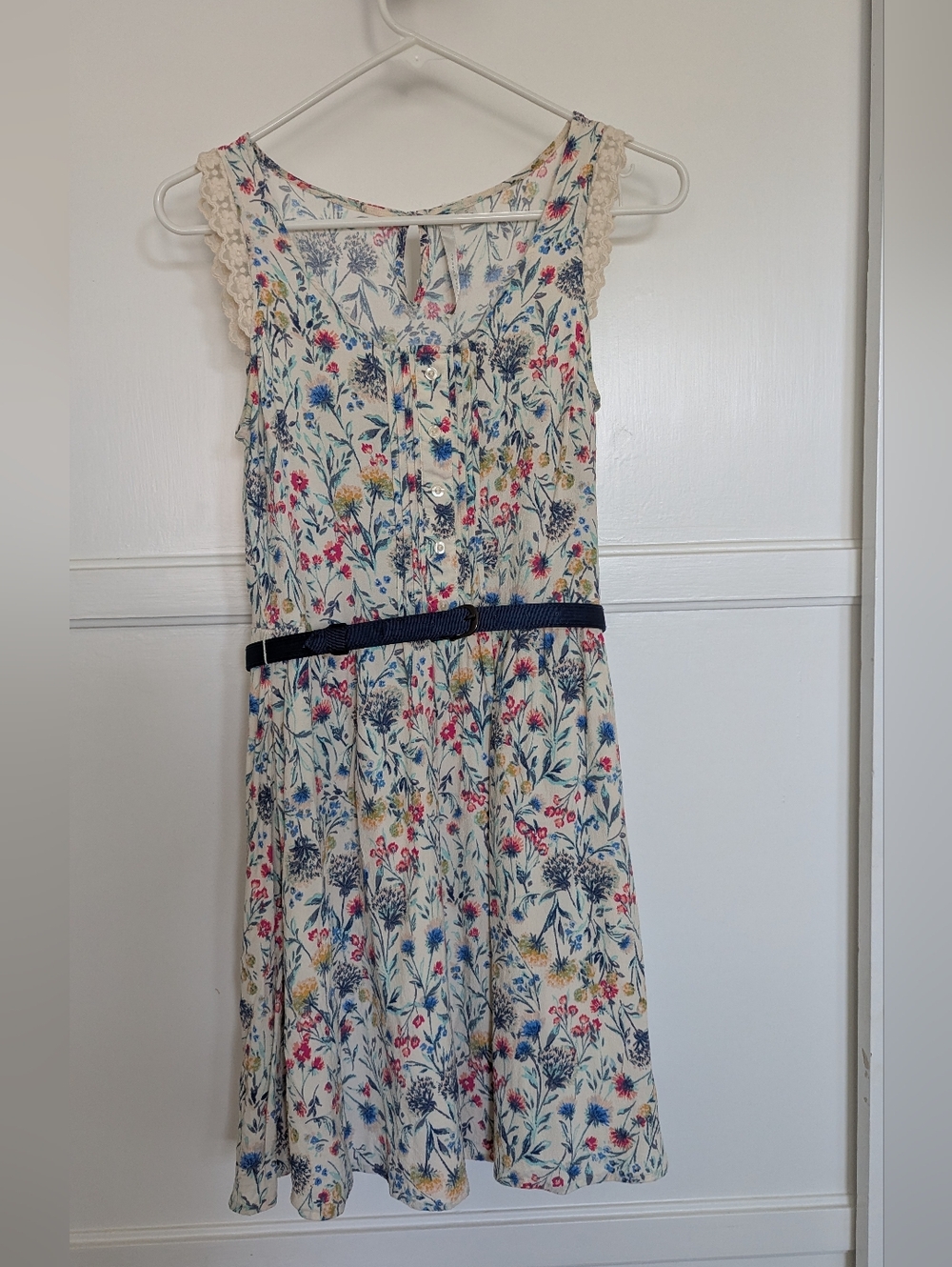 Floral Cream Button-Front Sundress with Navy Belt